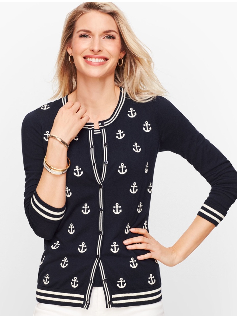 2-PC Nautical Anchor Cardigan Set Twinset Navy Crew Neck Sweater M NWT Talbots - Picture 12 of 12